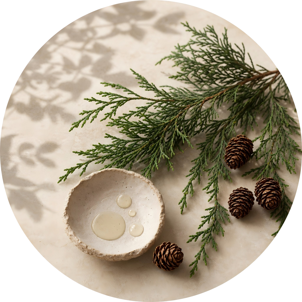 A cluster of green Cypress branches with small pine cones and an artisan ceramic bowl, designed for a lymphatic massage oil routine paired with Gua Sha to ease the sensation of heavy, tired limbs.