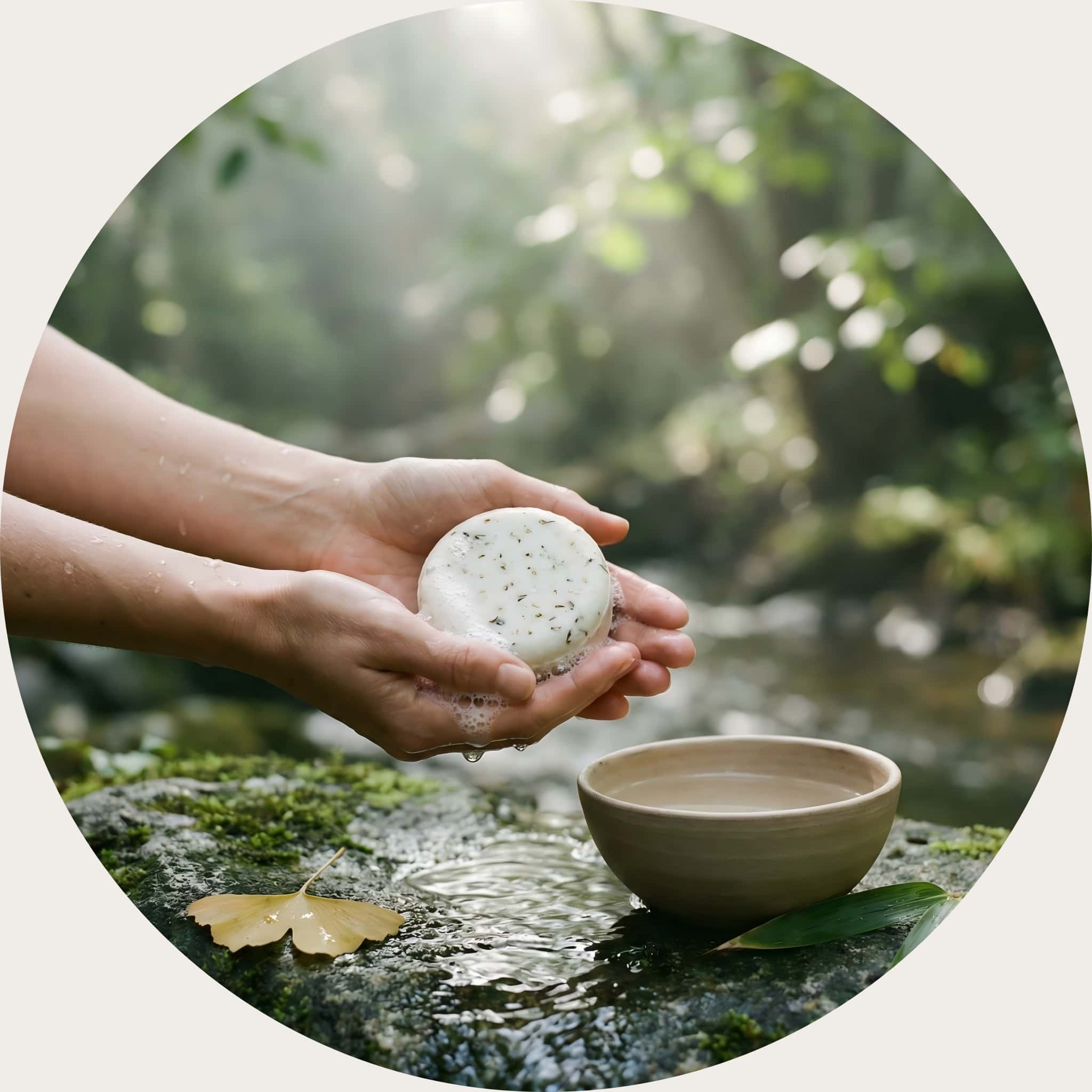 A serene close-up of hands holding a clean, white plant-based soap bar over a flowing natural river, showcasing the pure and sustainable formula of SootheHerbs.