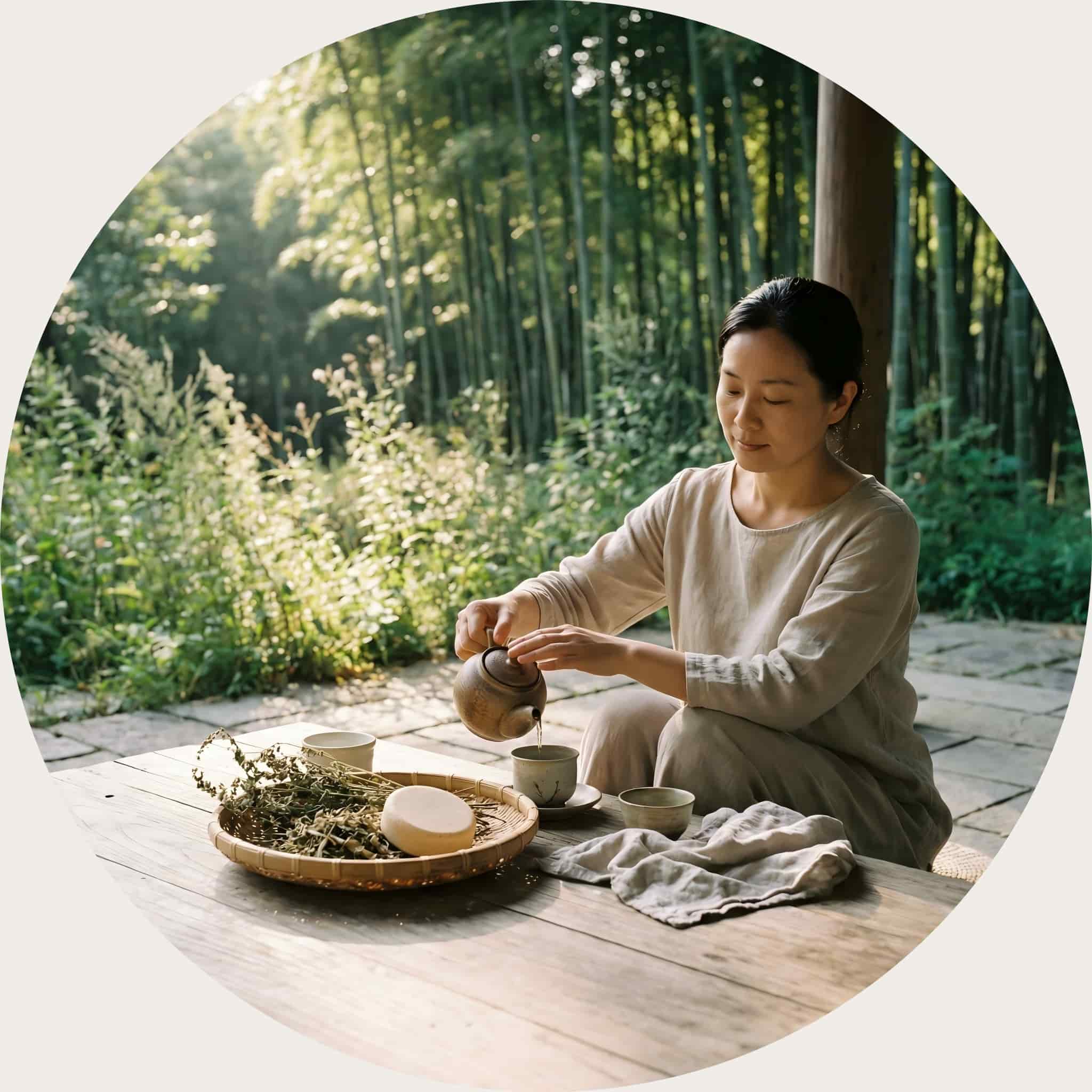 A woman sitting peacefully in front of a lush green bamboo forest, preparing tea and botanicals to embrace a slower, nature-inspired way of living.