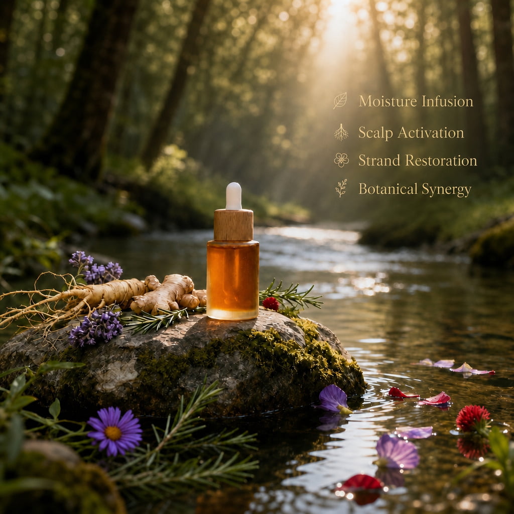All natural hair oil placed on a mossy rock by a serene stream, featuring organic Batana Oil for hair and raw herbal ingredients.