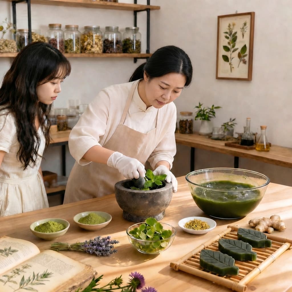 Artisan Ms. Zheng and founder Bella grinding fresh botanicals in a mortar to create a custom batch of handcrafted herbal soap bars in their Suzhou studio.