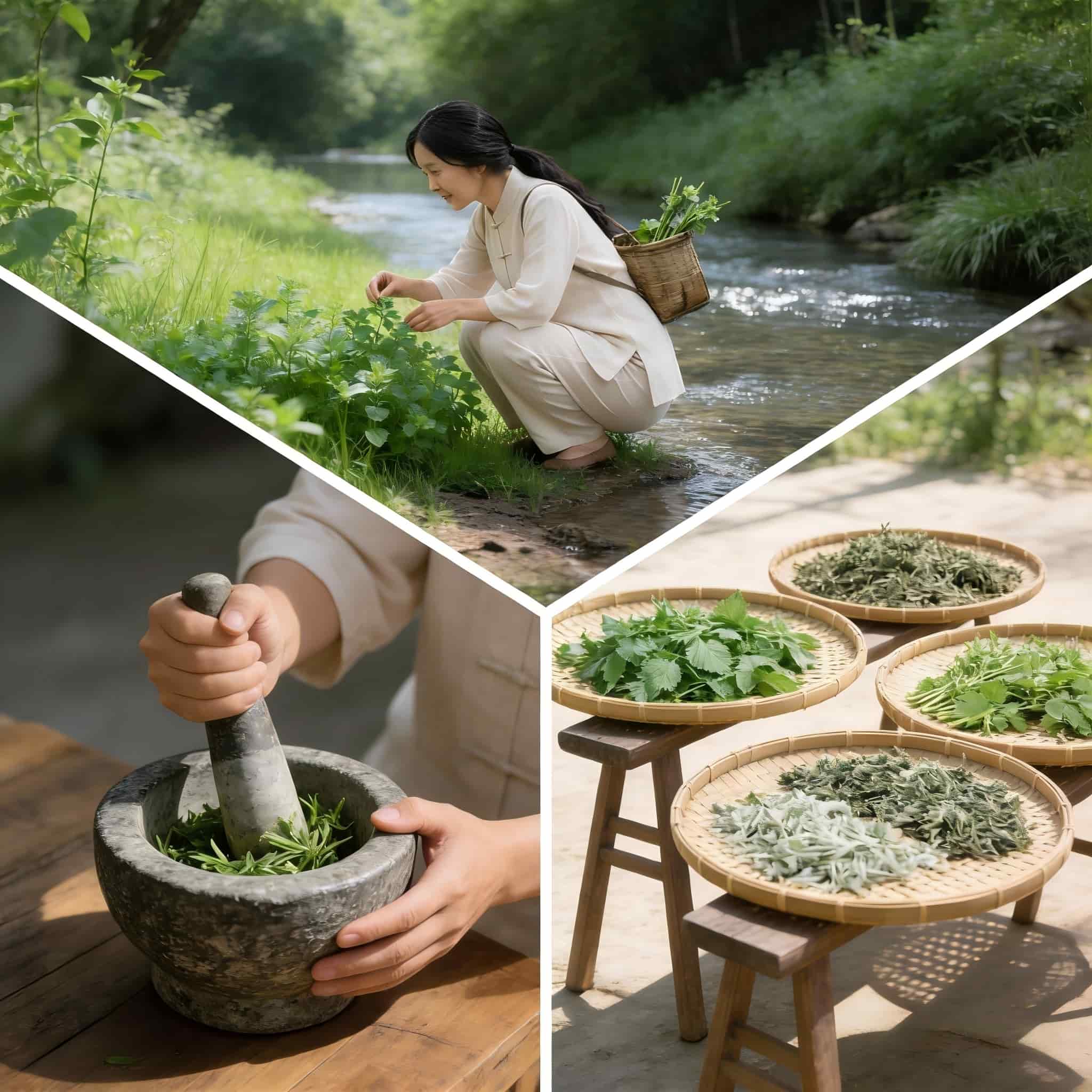Artisan hand-harvesting fresh green herbs by the river and grinding plants in a stone mortar for natural shampoo bars.