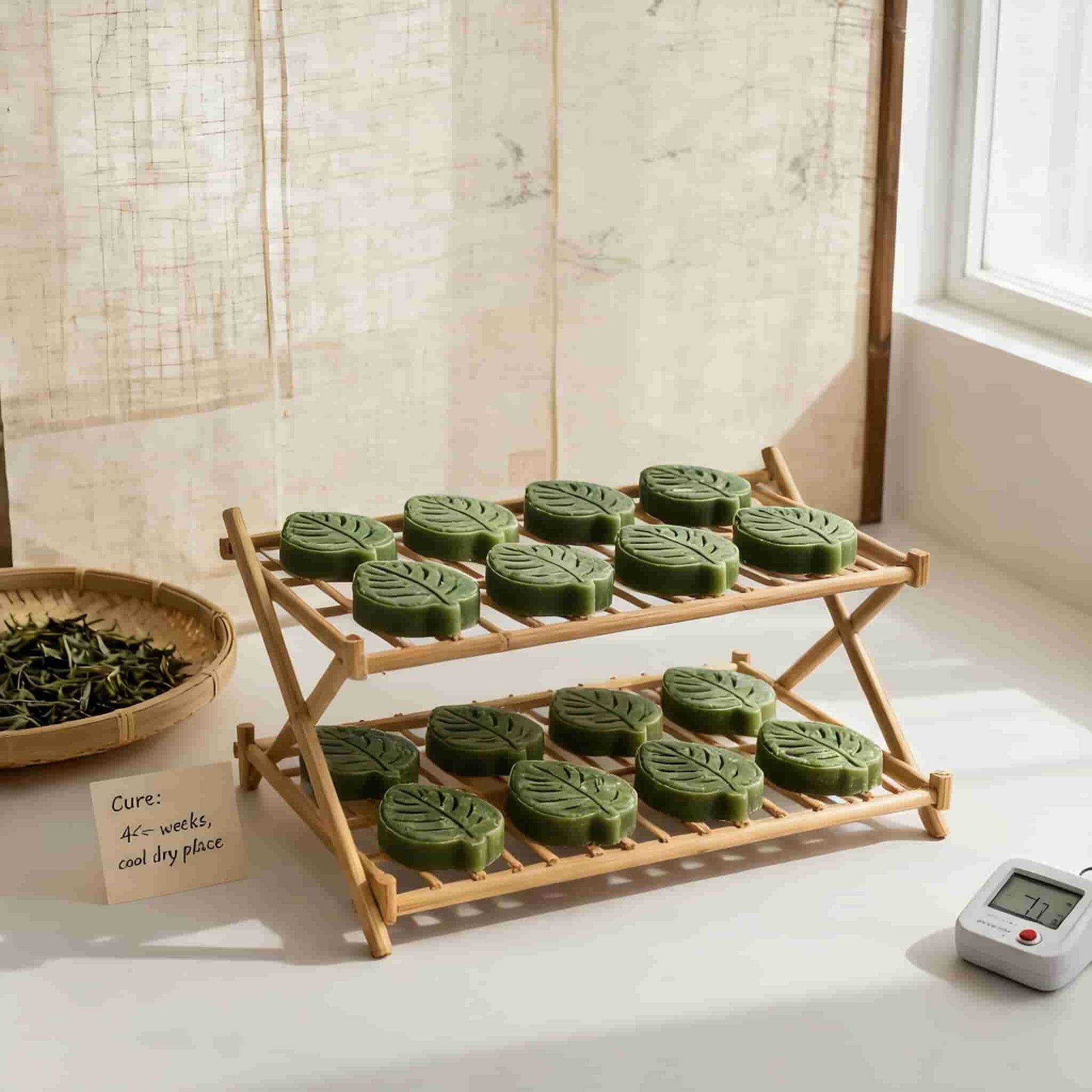 Artisan shampoo bars stored on a bamboo rack — small-batch cooling shampoo for oily and sensitive scalp