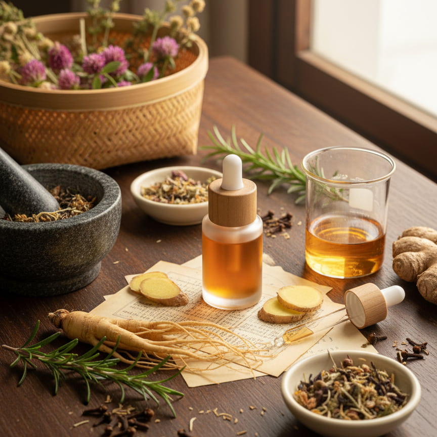 Artisanal hair moisturizing oil with fresh ginger, ginseng, and rosemary oil for dry scalp treatment in a botanical lab setting.
