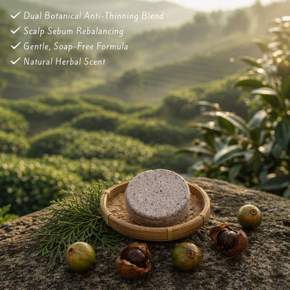 Bar shampoo for thinning hair placed on a bamboo tray with camellia fruits and thuja leaves, set against misty green tea plantation terraces at dawn — dual botanical anti-thinning blend
