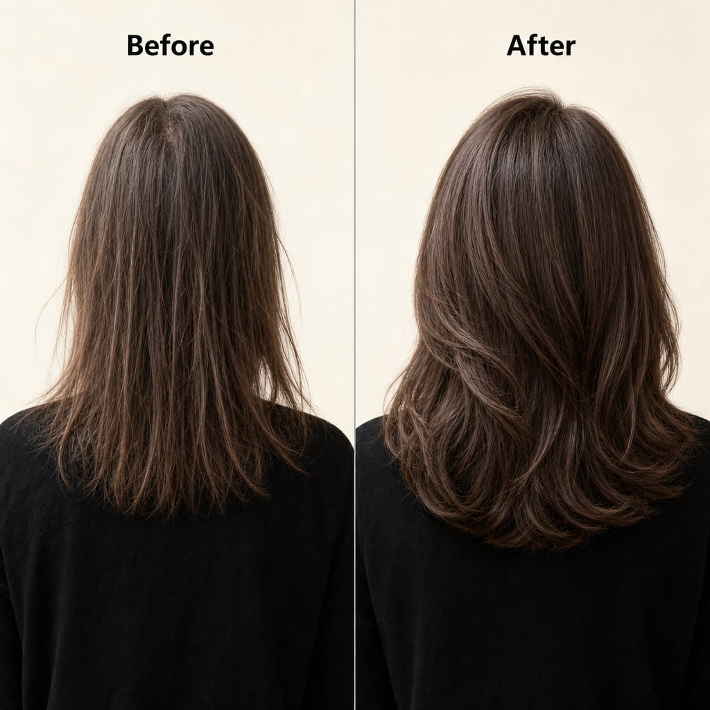 Before and after comparison of using He Shou Wu shampoo bar, showing hair shampoo for thickening results and improved hair density for thninning hair.