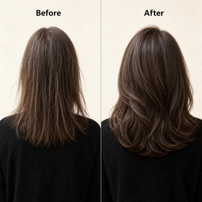Before and after comparison of using He Shou Wu shampoo bar, showing hair shampoo for thickening results and improved hair density for thninning hair.