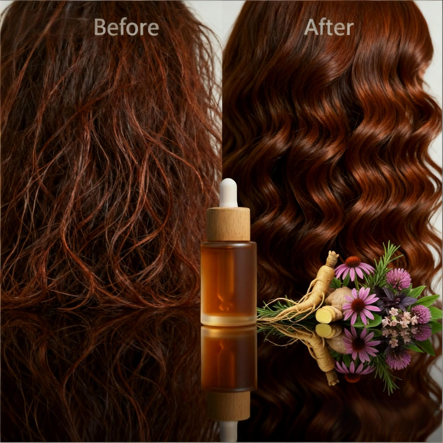 Before and after results using Botanical Volume Hair Oil for visibly thicker and smoother hair texture