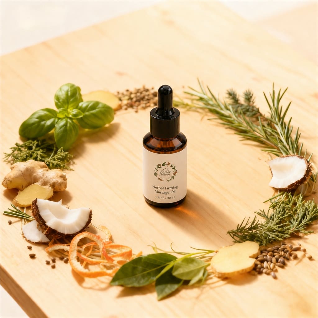 Botanical firming body oil surrounded by fresh herbs and essential oil ingredients — herbal body oil with 10+ plant botanicals