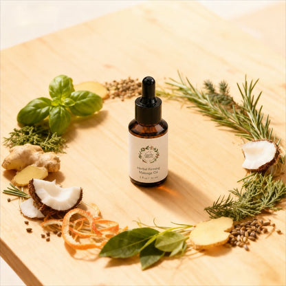 Botanical firming body oil surrounded by fresh herbs and essential oil ingredients — herbal body oil with 10+ plant botanicals
