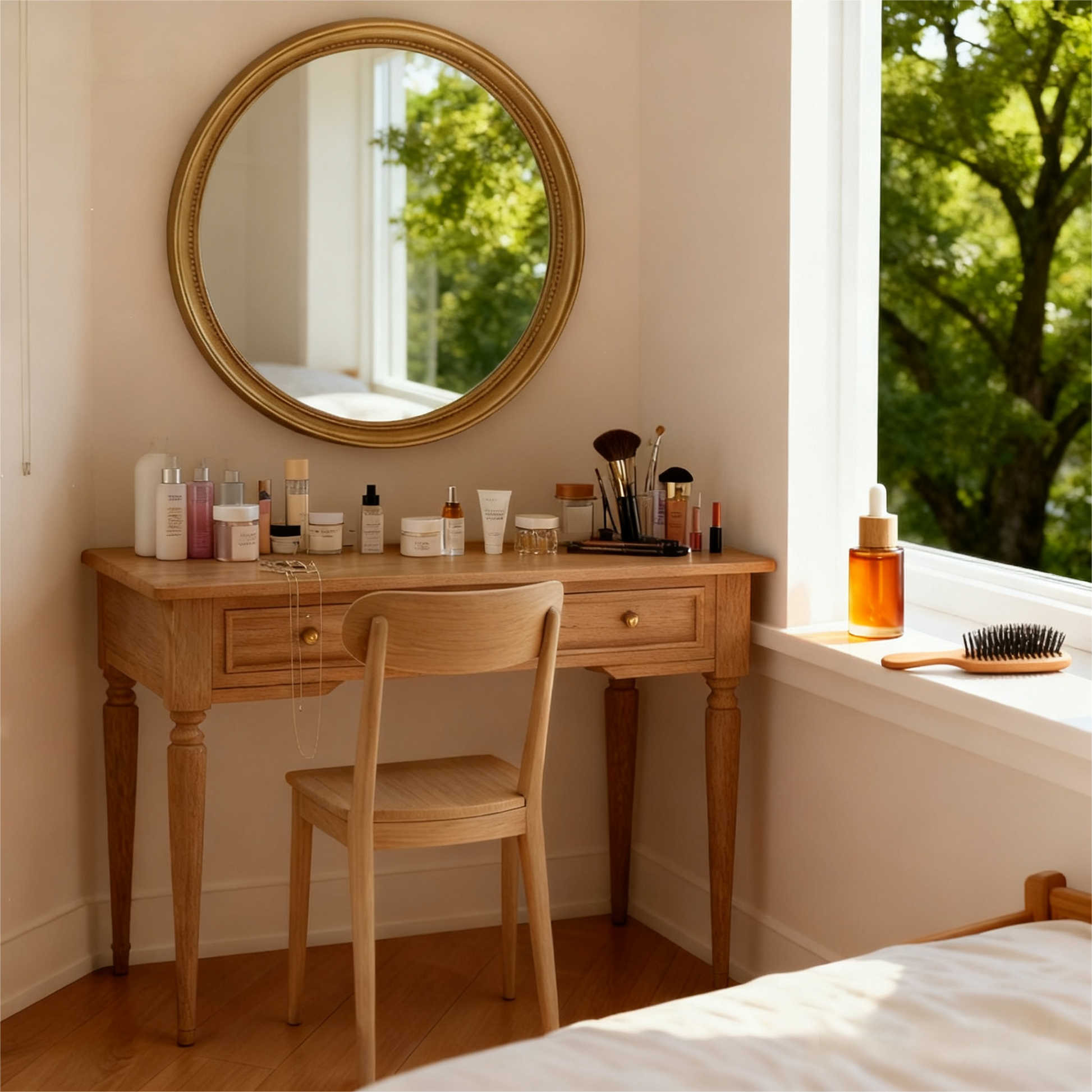 Clean beauty volumizing botanical oil on a minimalist vanity for luxury herbal scalp treatment