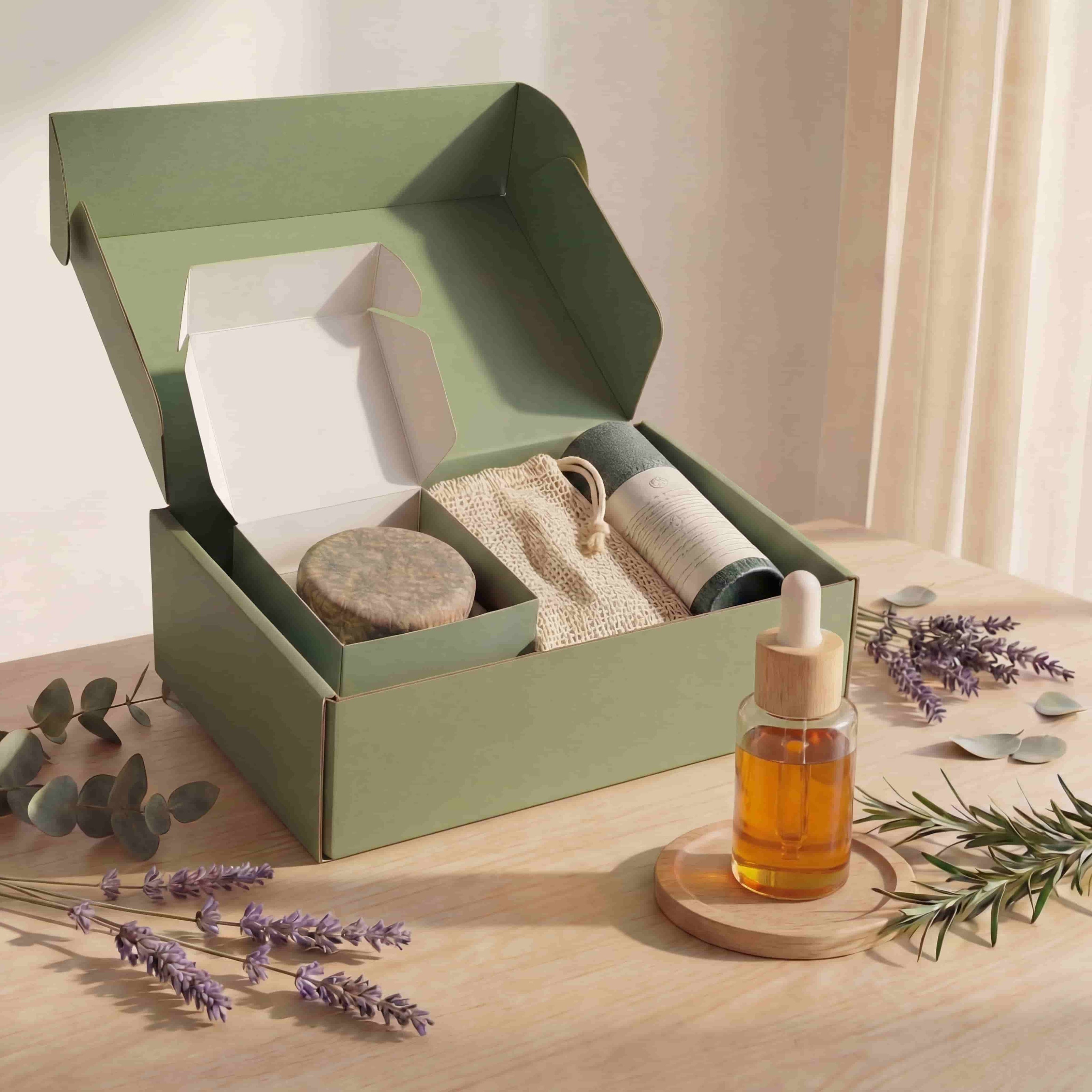 Consciously designed packaging system showing a recyclable green product box with botanical hair oil and cotton-linen pouch.