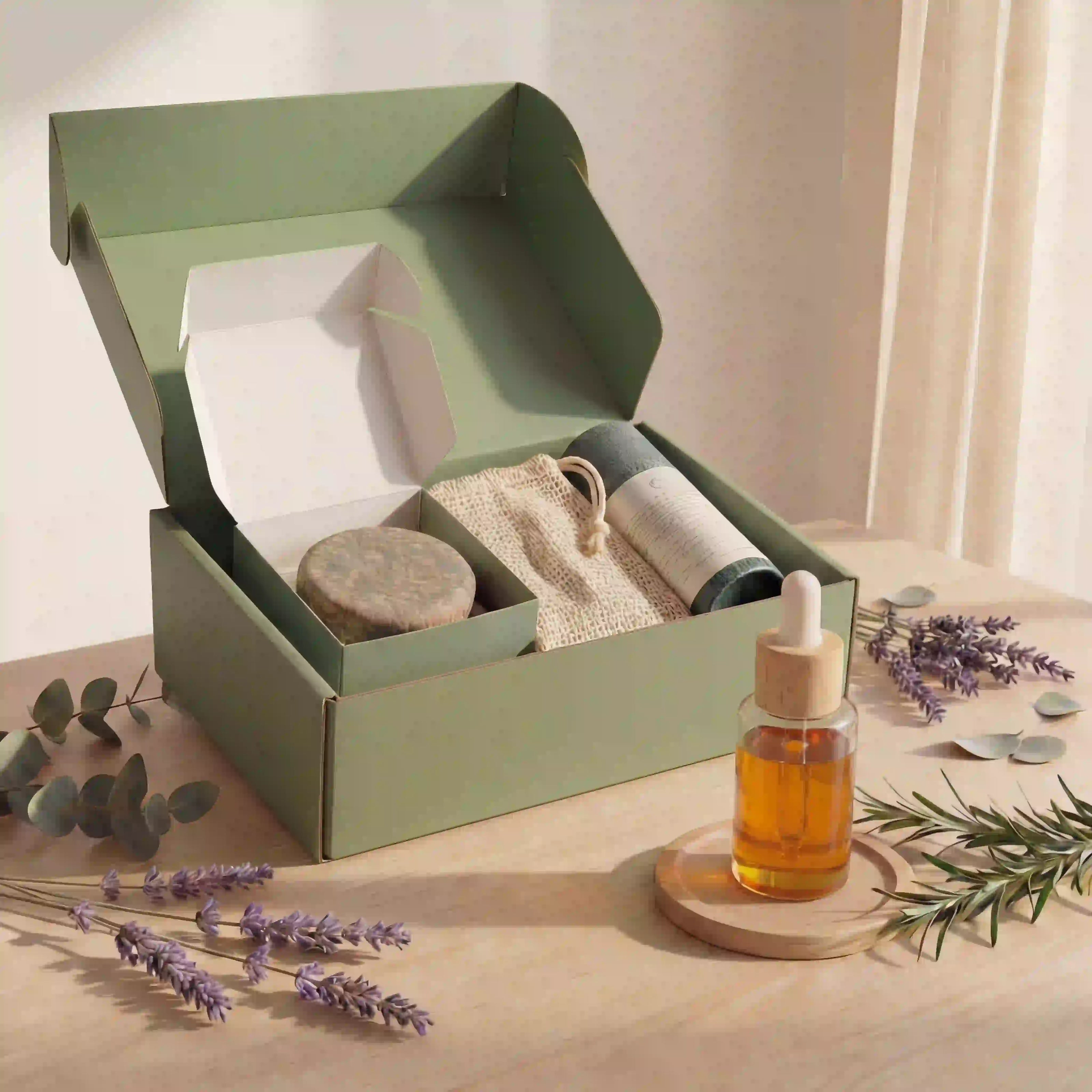 Consciously designed packaging system showing a recyclable green product box with botanical hair oil and cotton-linen pouch.