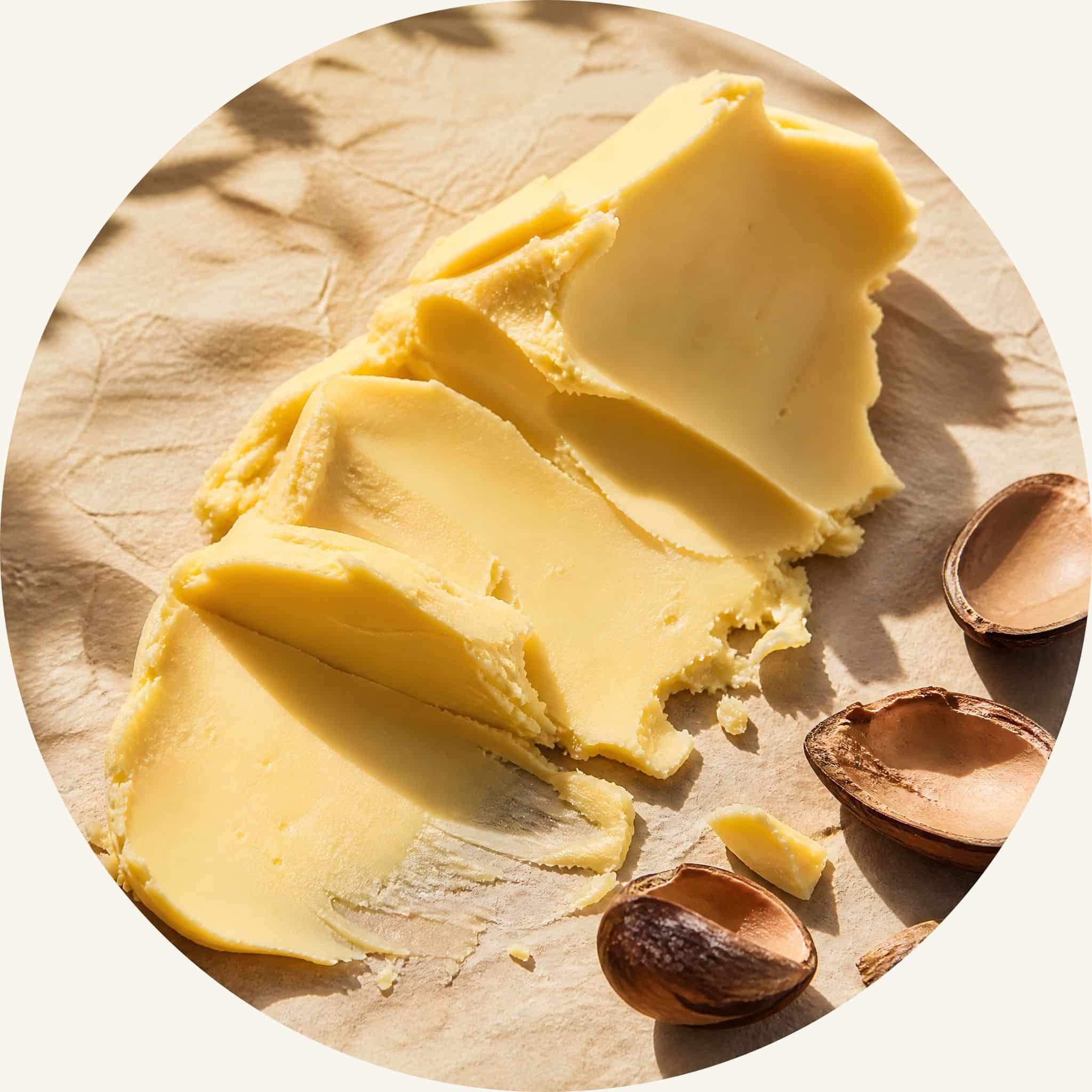 Creamy Tucuma Butter with scattered seed shells, serving as an Amazonian herbal conditioner component to seal the hair cuticle, lock frizz out, and smooth coarse hair.