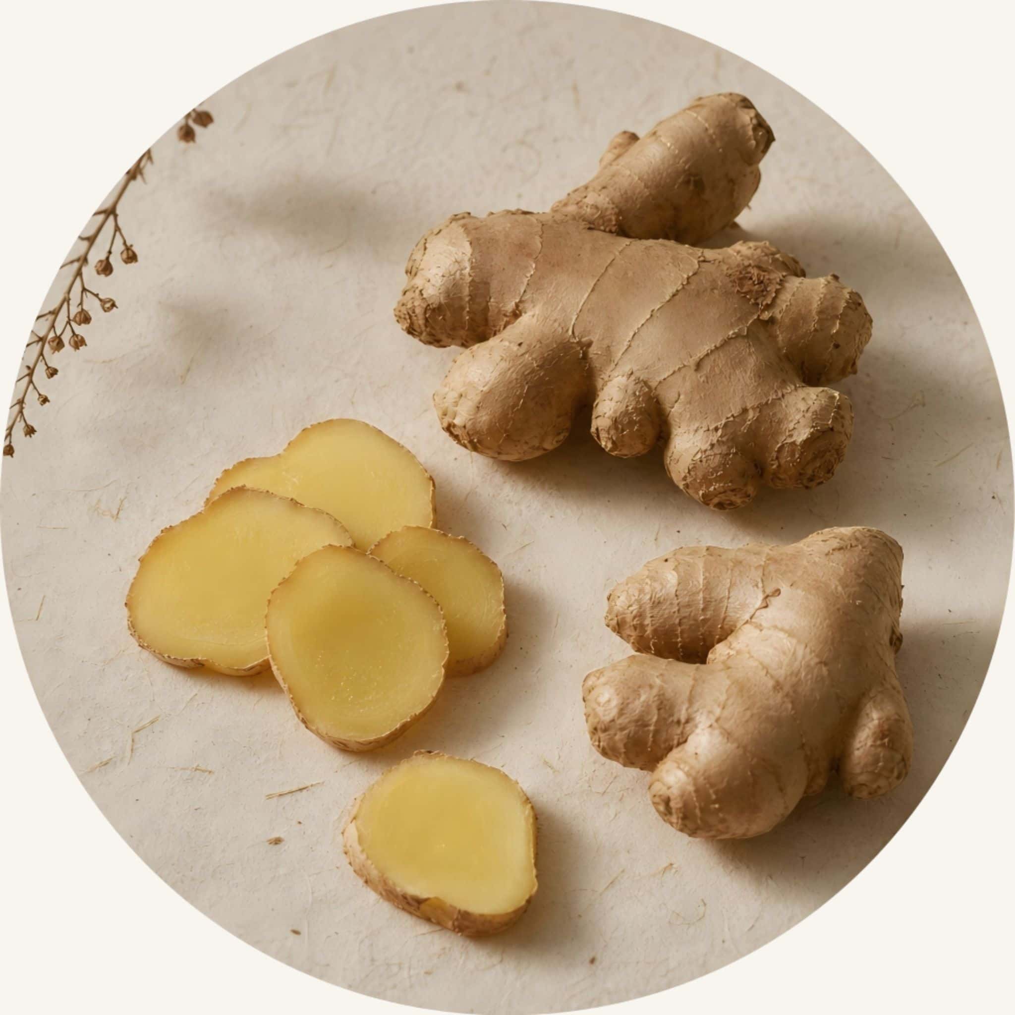 Fresh ginger root whole and sliced, featured in the densifying shampoo bar for thinning, fine hair to energize the scalp and anchor hair at the root.