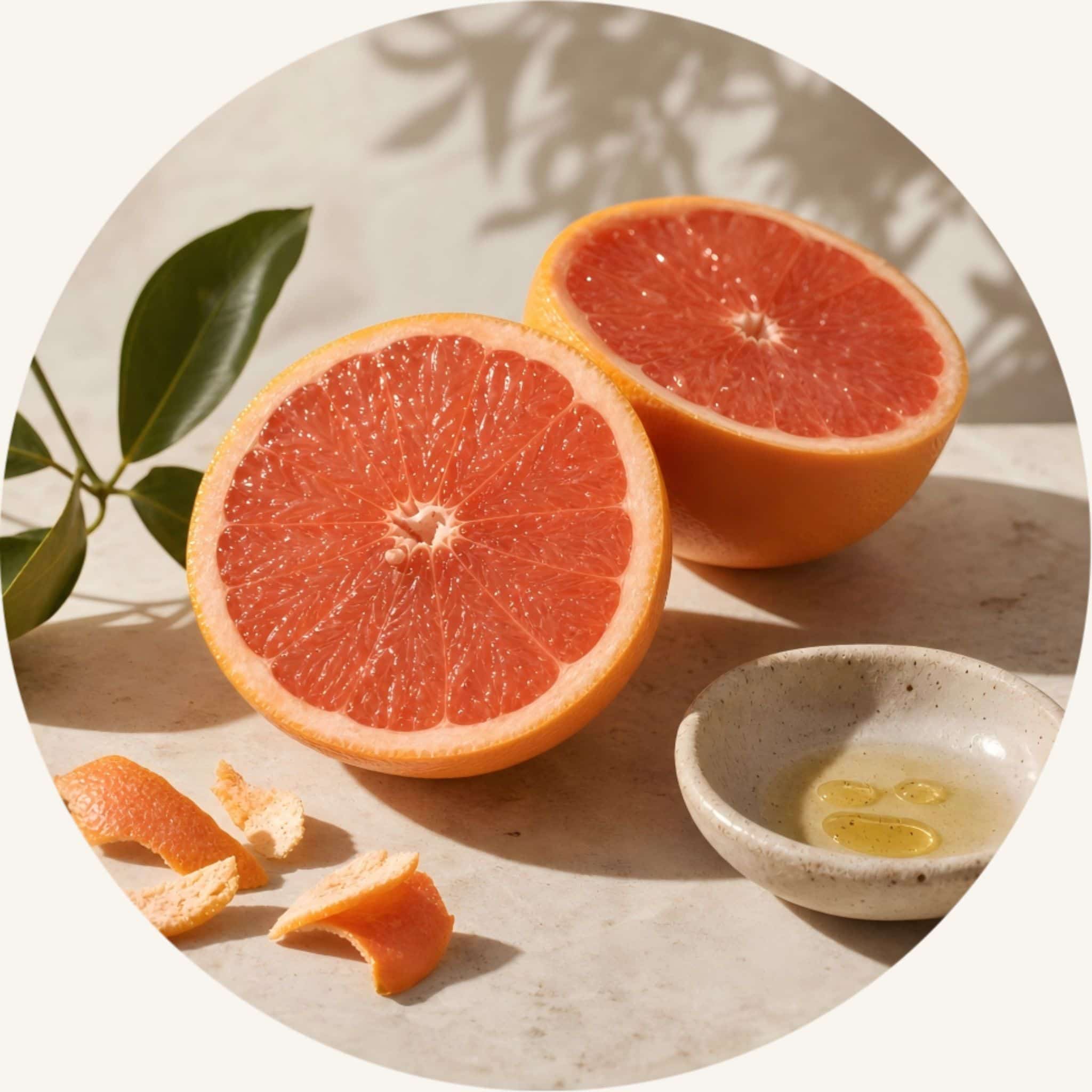 Fresh ripe Grapefruit halves and peels under sunlight with a small oil vial, acting as an active ingredient in this firming oil for body to refine contours for a more sculpted appearance.