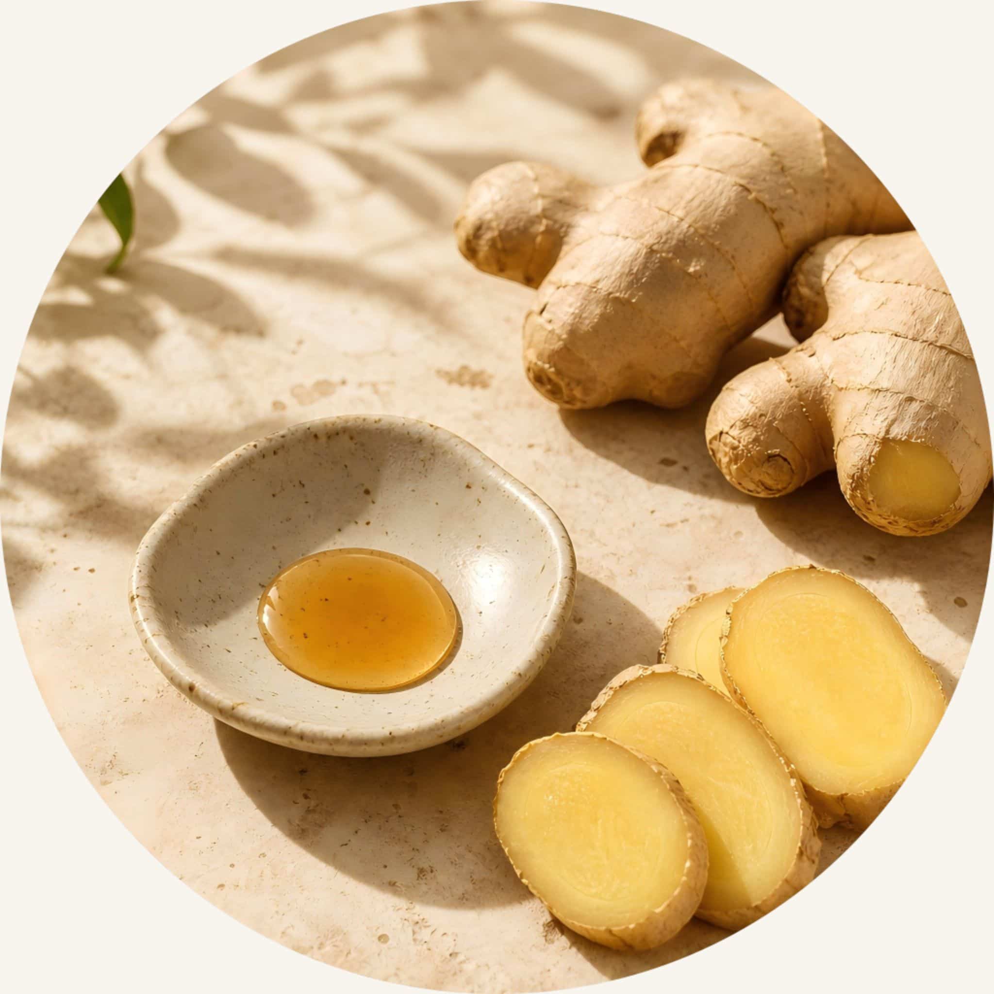 Fresh whole and sliced Ginger root with an earthy textured dish, formulated within this firming body oil to provide a subtle thermic sensation and stimulate circulation during a body massage.