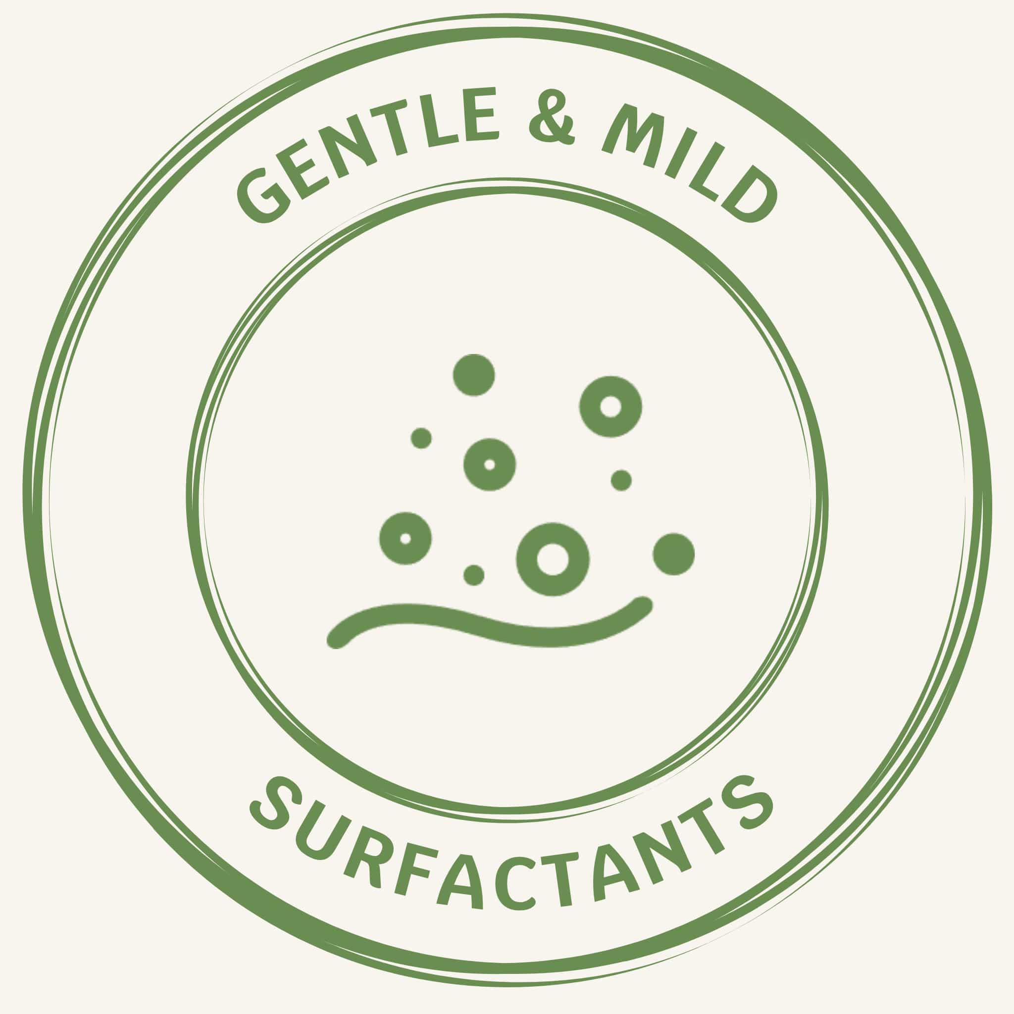 Gentle and mild surfactants certification badge, proving soap-free and scalp-friendly care.