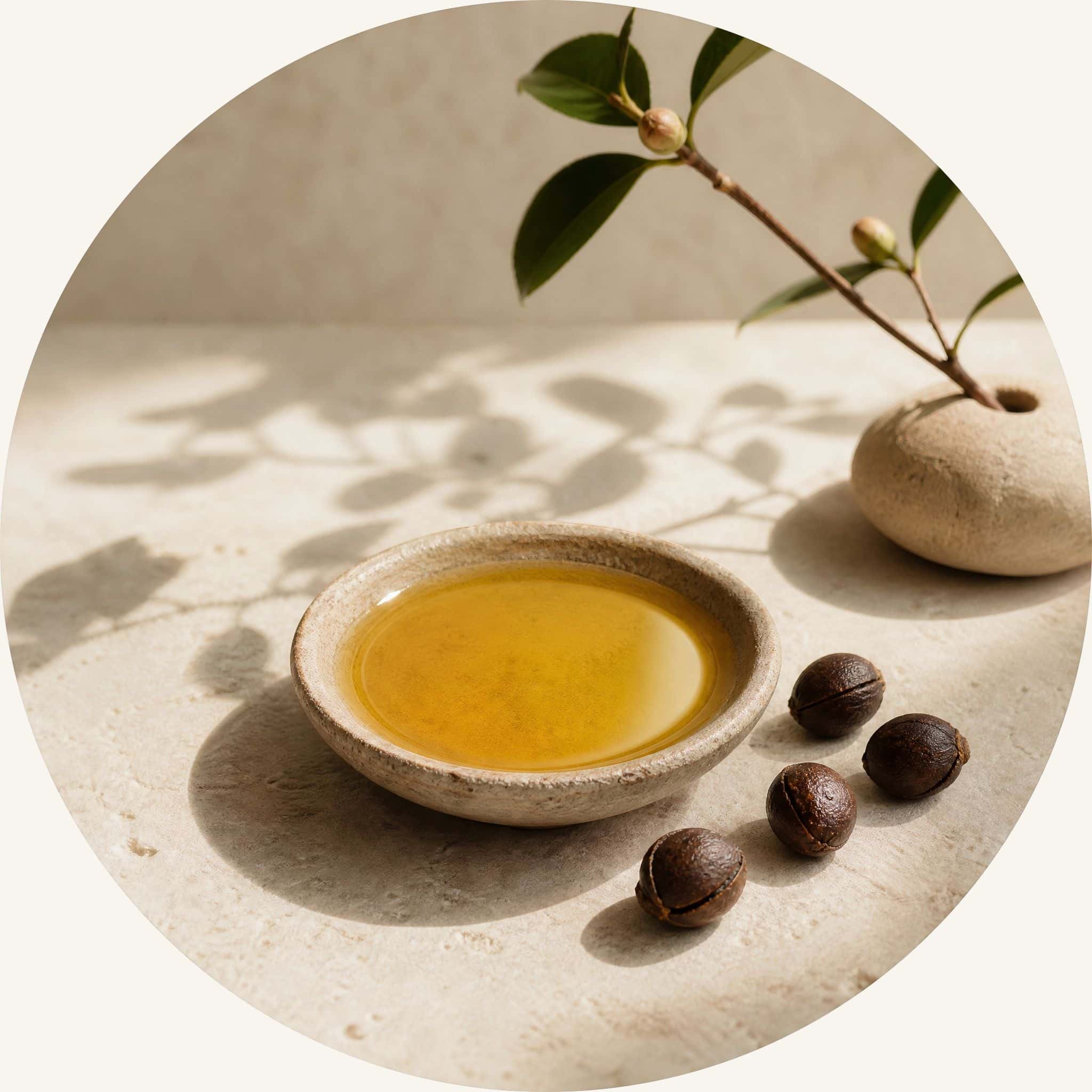 Golden herbal camellia oil with natural tea seeds, acting as a botanical gloss master to restore radiant shine to dull strands.