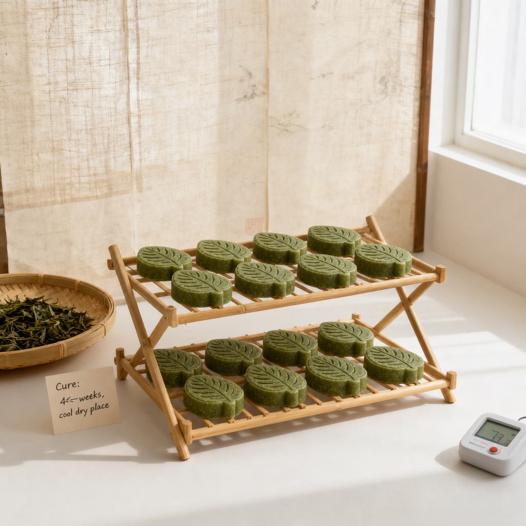 Green botanical leaf-shaped shampoo bars arranged on a bamboo rack, undergoing a thoughtful 40-day slow-cured process.
