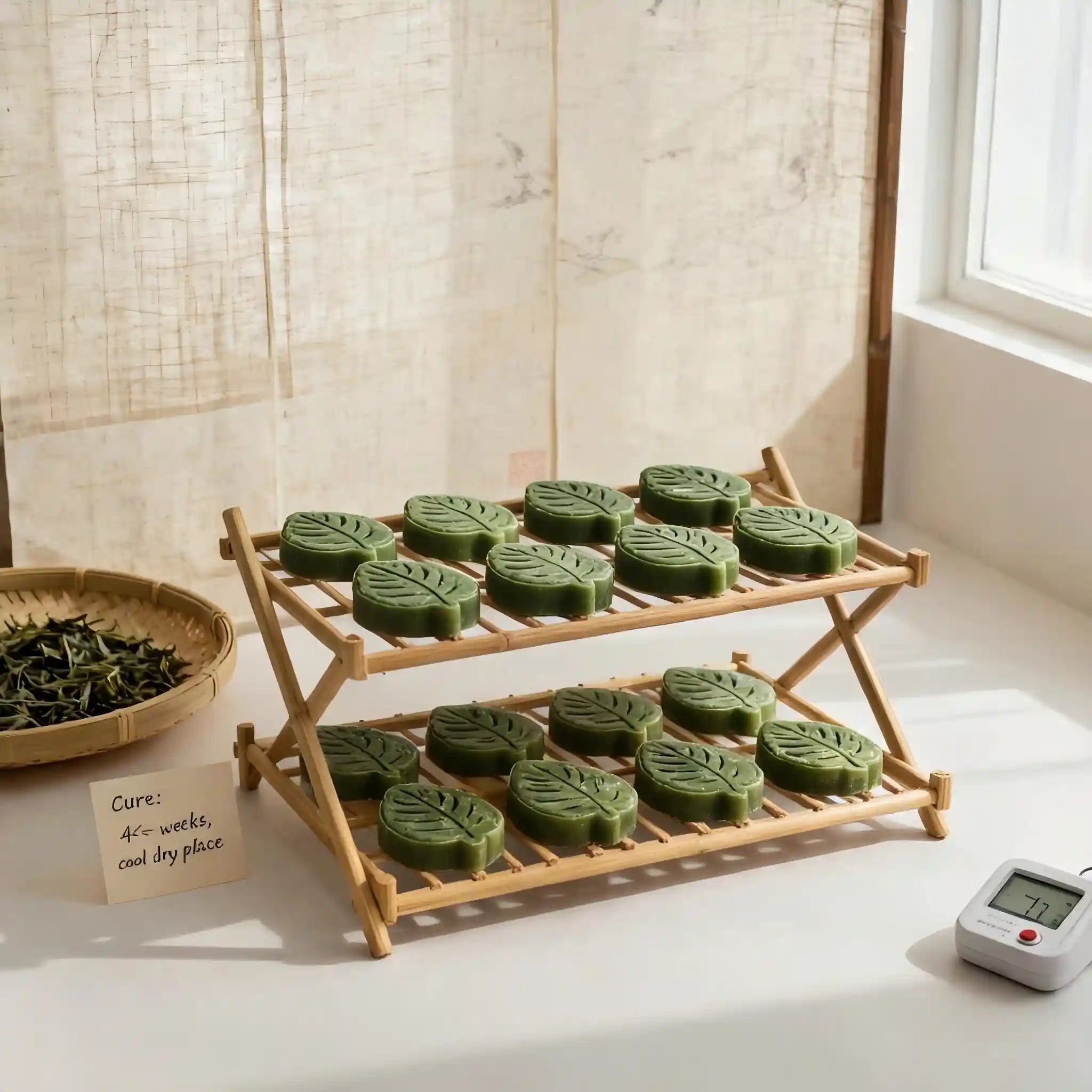 Green botanical leaf-shaped shampoo bars arranged on a bamboo rack, undergoing a thoughtful 40-day slow-cured process.