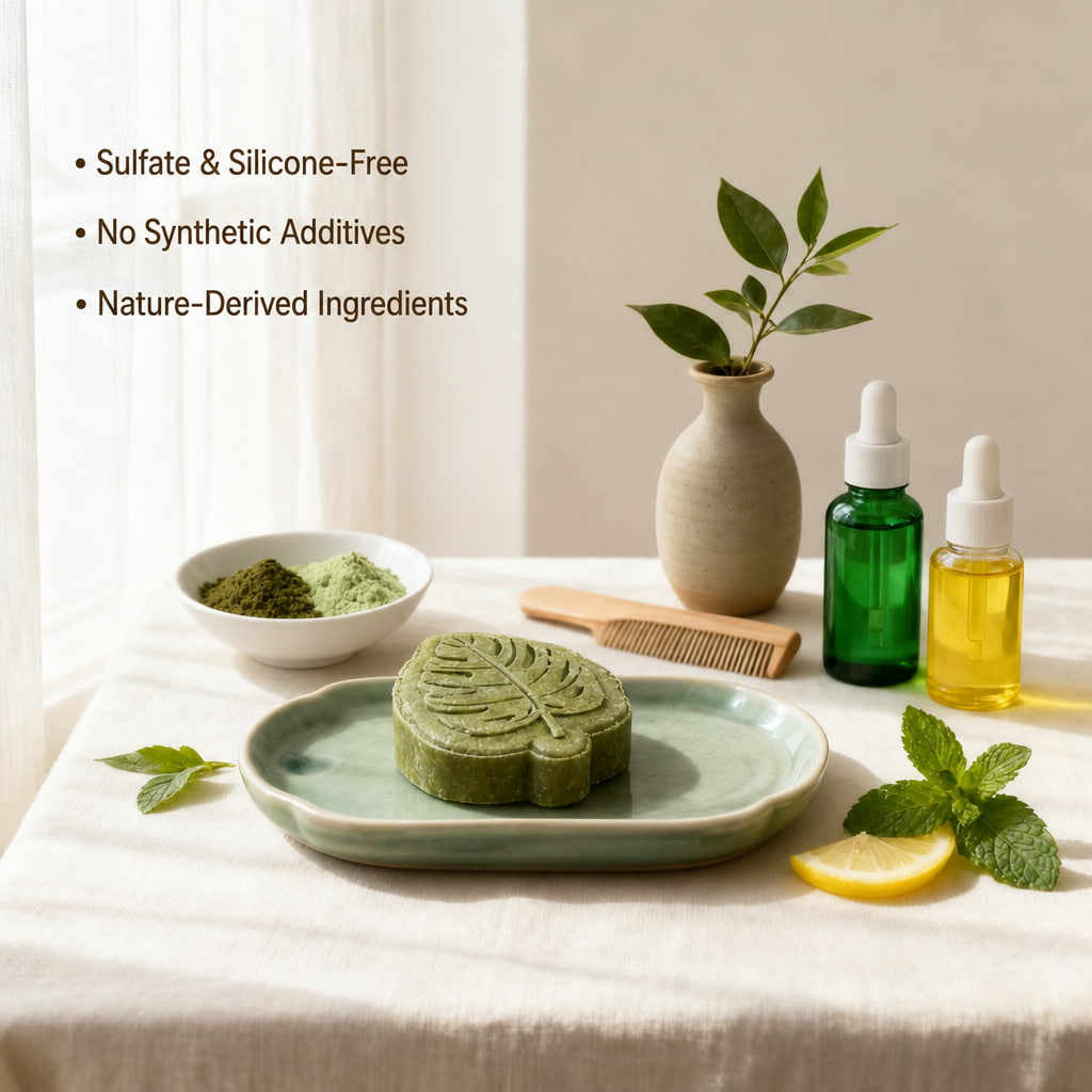Green tea and peppermint shampoo bar on a linen tablescape — scalp detox shampoo with botanical ingredients
