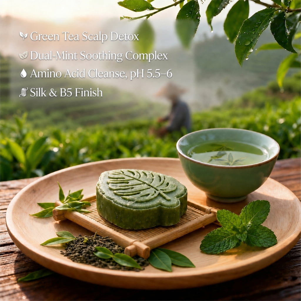Green tea shampoo bar on a wooden tray with fresh mint leaves — purifying shampoo inspired by Eastern tea garden tradition