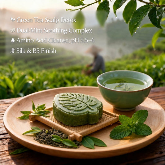 Green tea shampoo bar on a wooden tray with fresh mint leaves — purifying shampoo inspired by Eastern tea garden tradition