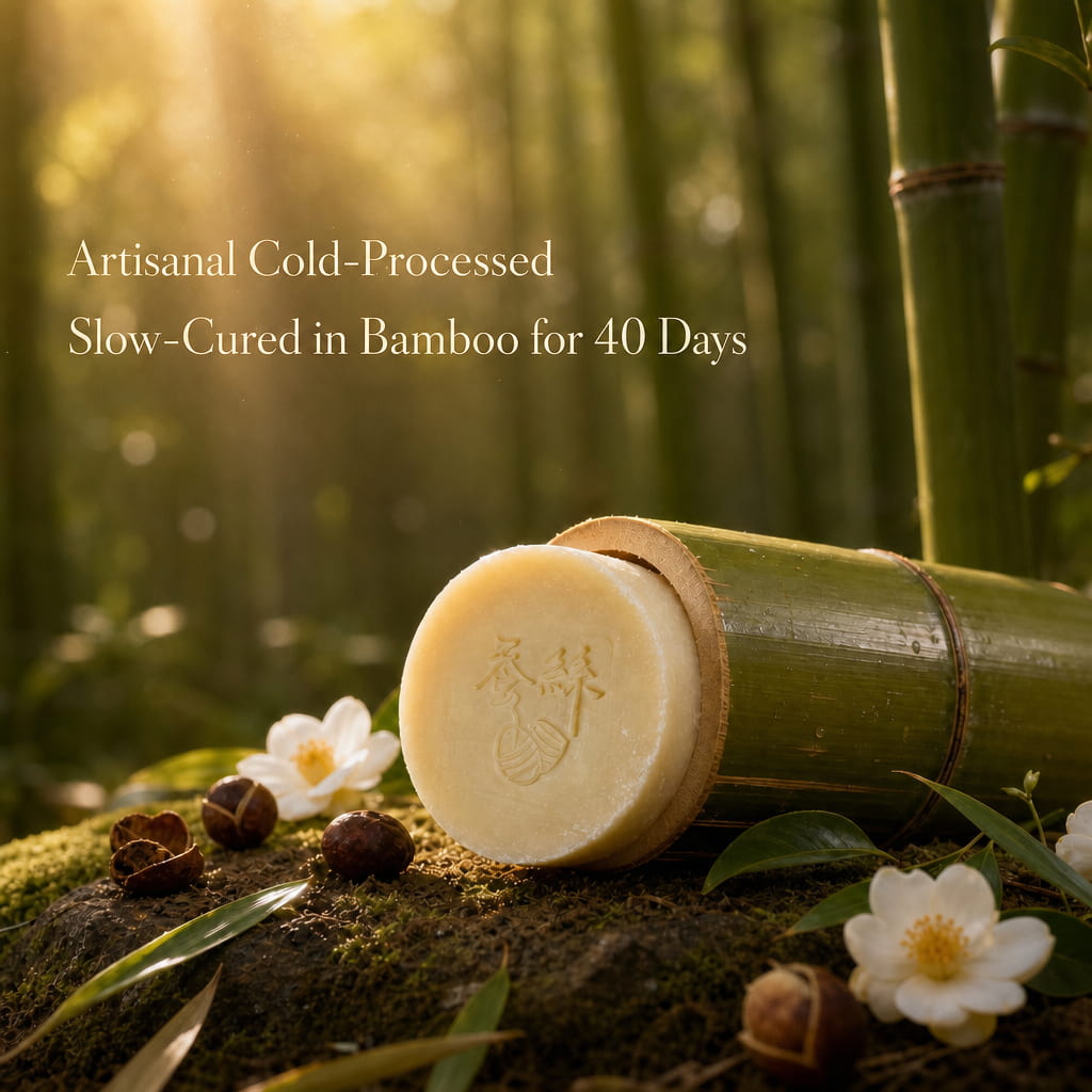 Handcrafted body bar emerging from a bamboo mold — small-batch luxury bar soap cured in natural bamboo