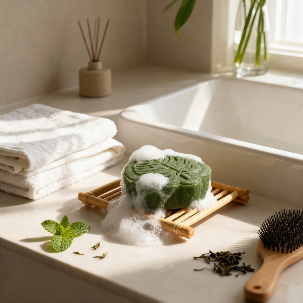 Handcrafted peppermint shampoo bar displayed in a clean bathroom setting — gentle shampoo for sensitive scalp daily routine