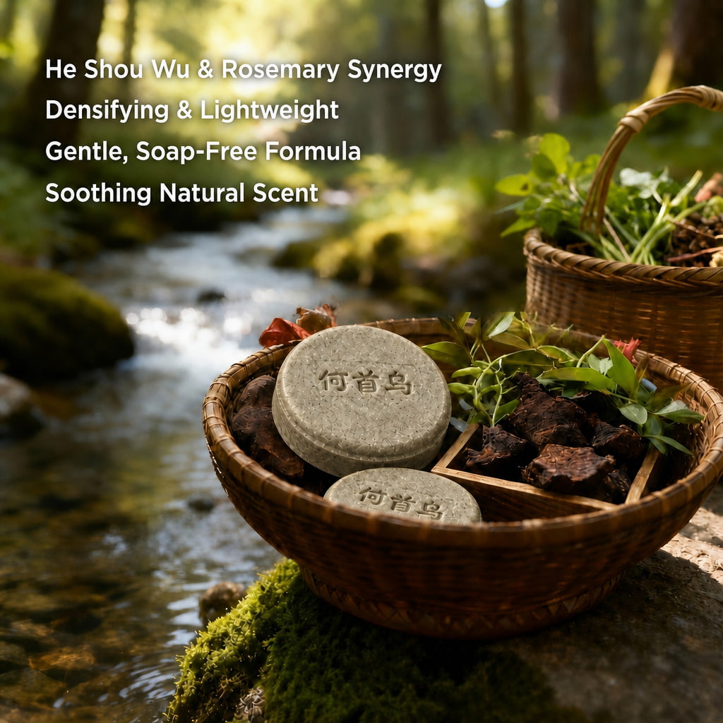 Handmade natural shampoo bar with He Shou Wu in a wicker basket by a serene forest stream, showcasing green hair care products for natural densifying 