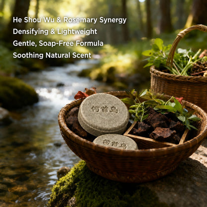 Handmade natural shampoo bar with He Shou Wu in a wicker basket by a serene forest stream, showcasing green hair care products for natural densifying 
