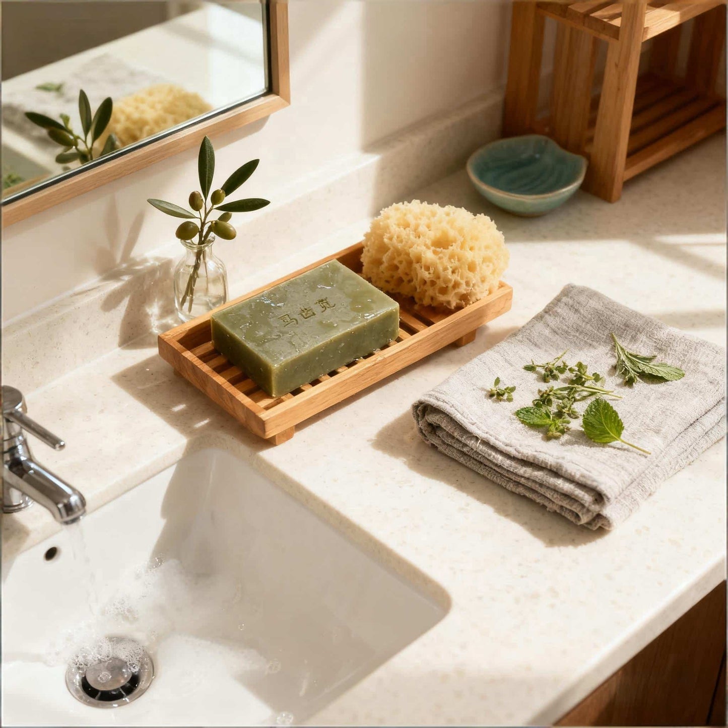 Handmade natural soap bar displayed in a bathroom setting — gentle cleansing soap for daily use