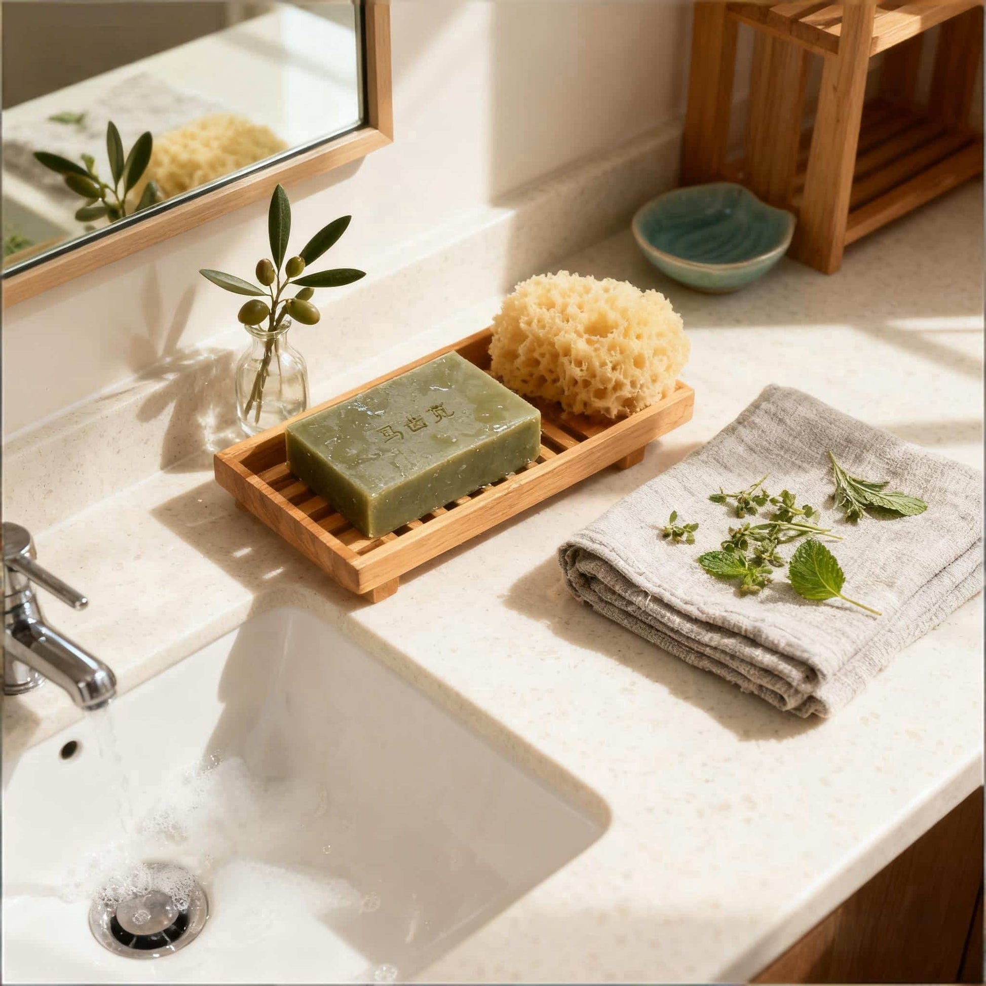 Handmade natural soap bar displayed in a bathroom setting — gentle cleansing soap for daily use