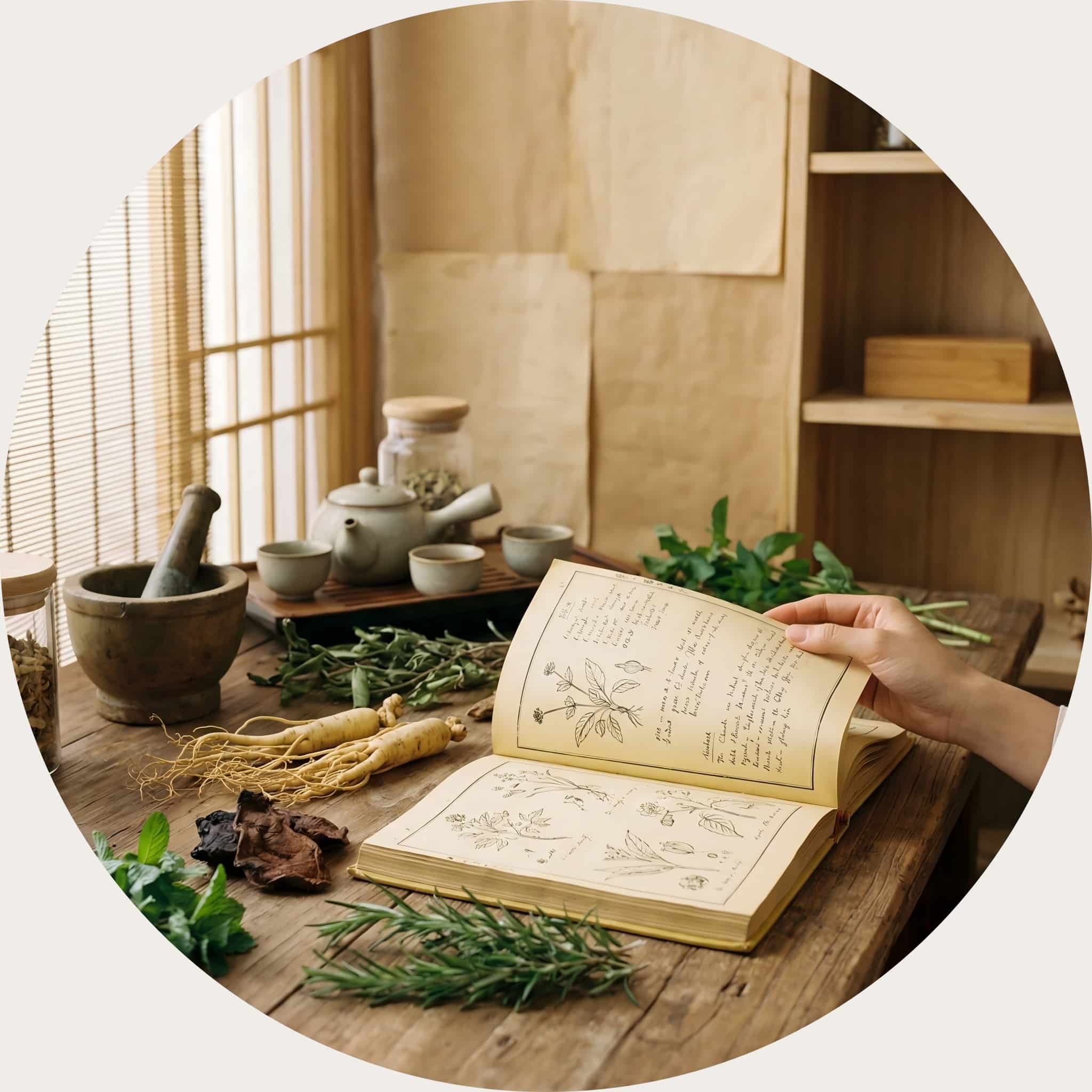 Hands gently turning the pages of an ancient botanical text surrounded by dried roots and herbs, honoring traditional Eastern herbal wisdom for modern self-care.