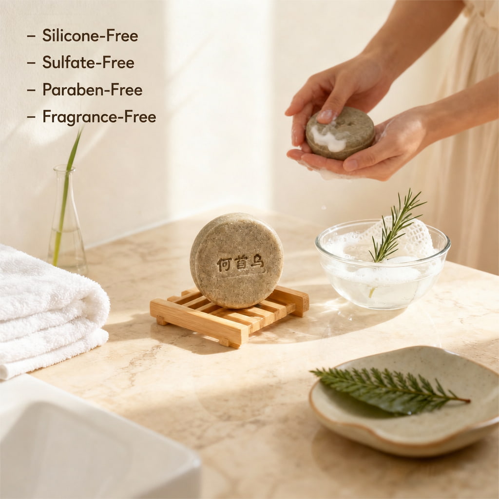 Hands lathering a scalp stimulating shampoo bar for thinning hair, creating rich foam for natural densifying shampoo results and scalp care.