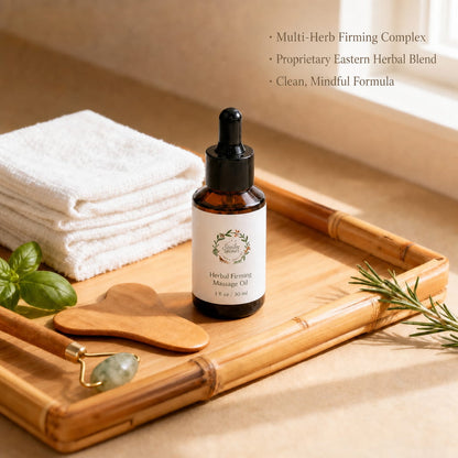 Herbal firming massage oil on a bamboo tray with towels — natural massage oil for daily body care ritual