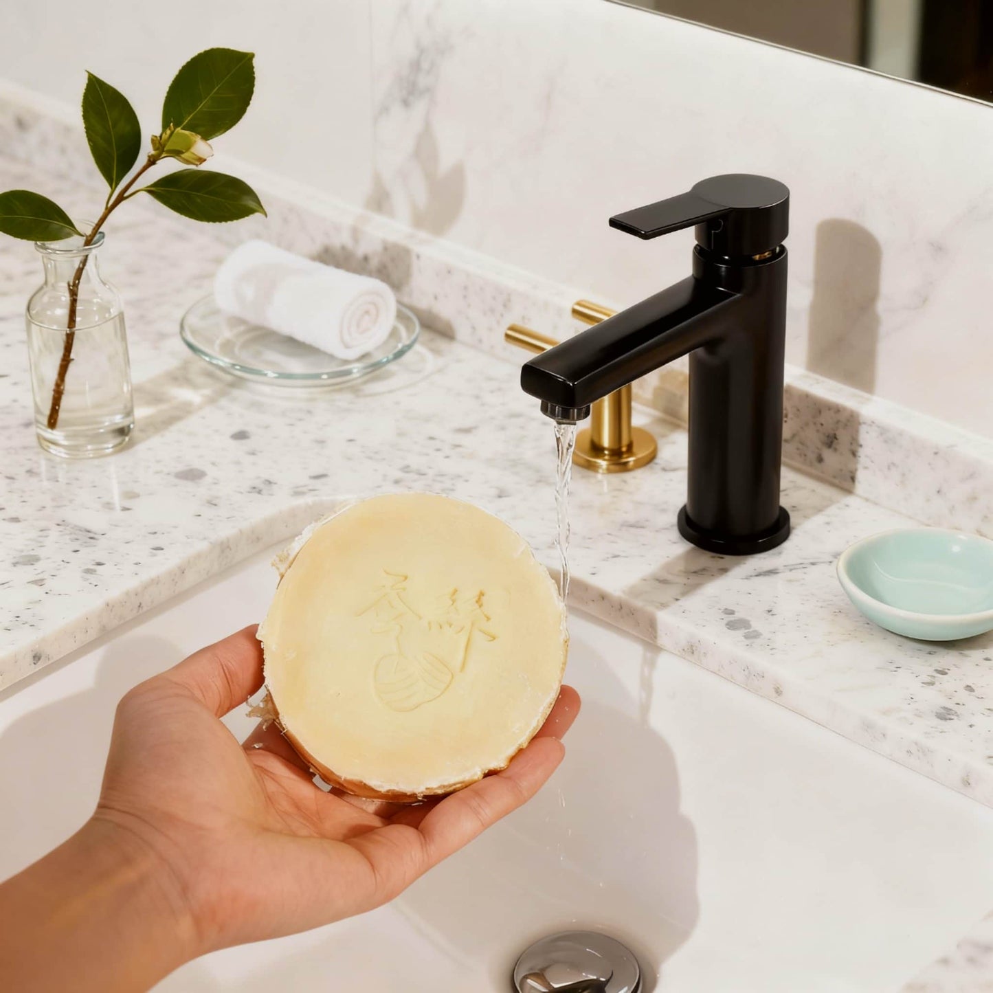Holding a moisturizing silk soap bar at a bathroom sink — gentle cleansing soap for soft, balanced skin