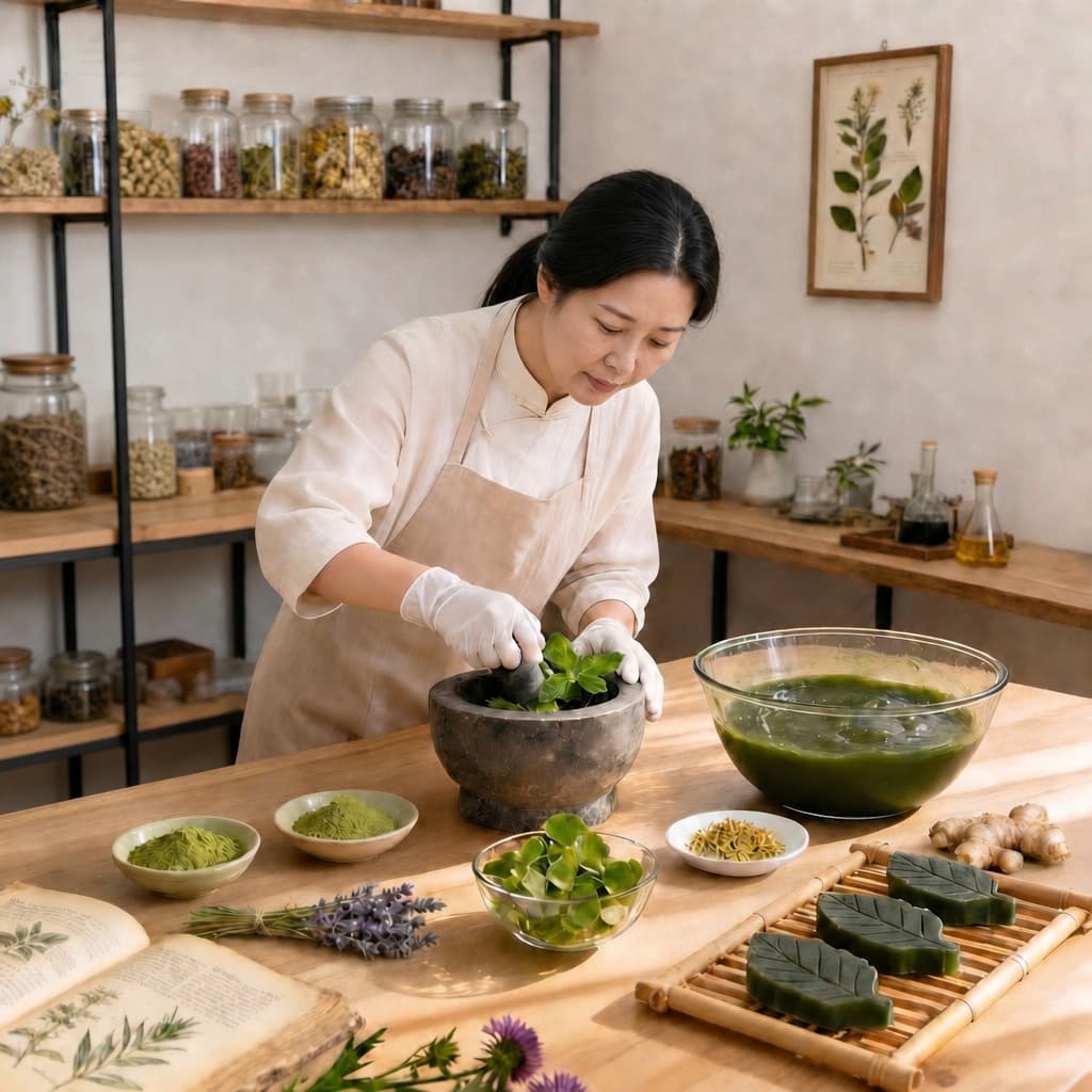 Ms. Zheng, a traditional herbalist and artisan, handcrafting botanical shampoo bars with seasoned craftsmanship for SootheHerbs.