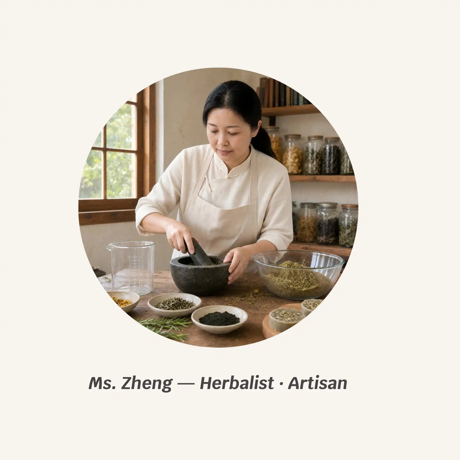 Ms. Zheng, a traditional herbalist and artisan, handcrafting plant-based shampoo bars with seasoned craftsmanship for SootheHerbs.