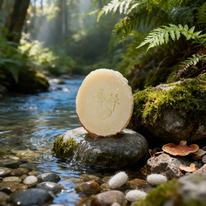Natural silk soap bar balanced on mossy rock by a forest stream — plant-based body cleanser inspired by Eastern botanicals