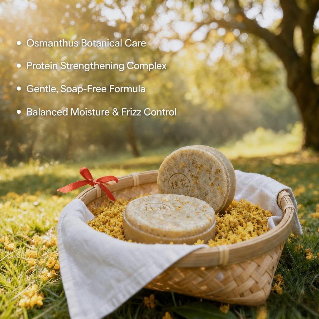 Osmanthus shampoo bars in a woven basket, moisturizing care for dry and brittle hair