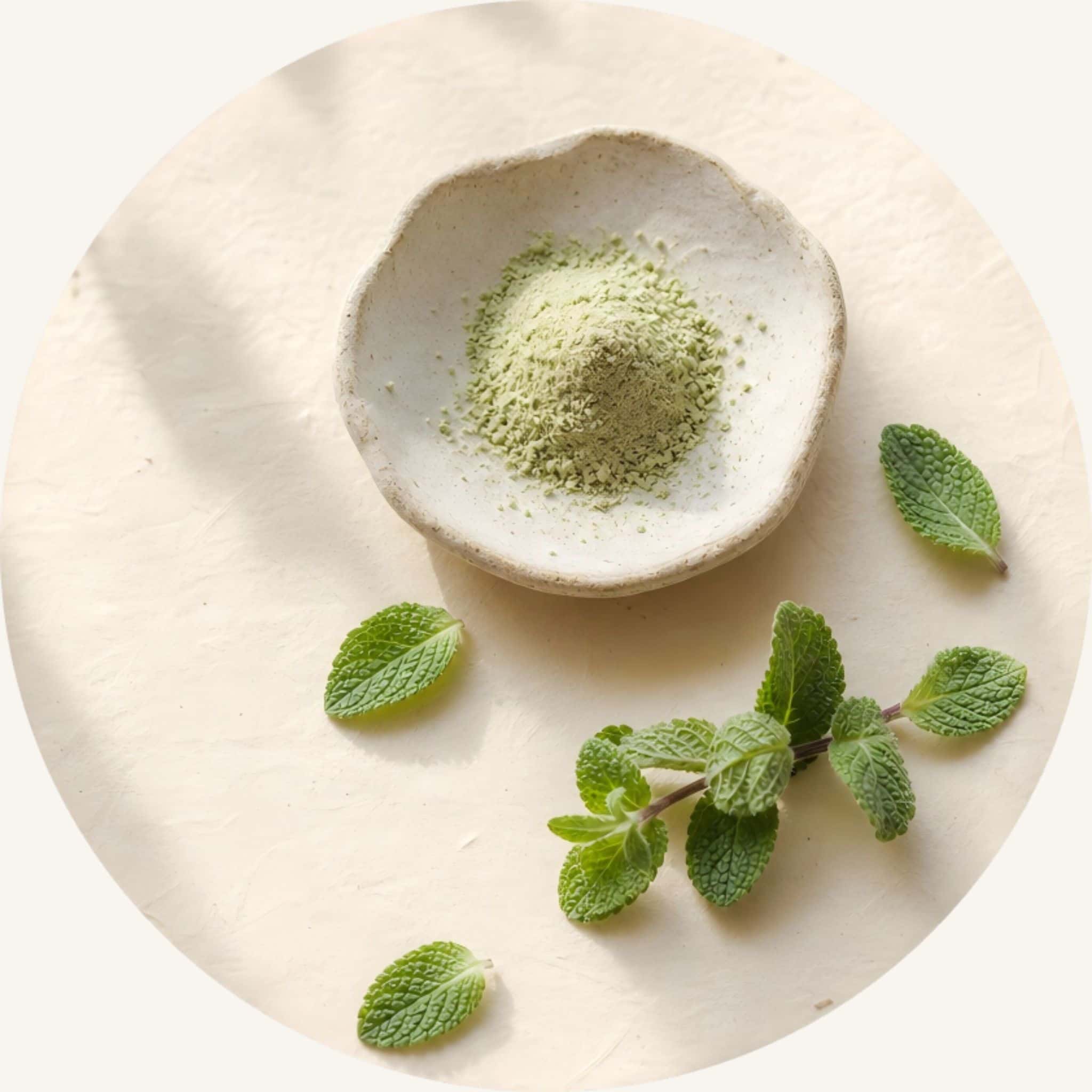 Peppermint powder in a small stone dish surrounded by fresh mint leaves, delivering an instant cooling relief and an energizing cleanse to neutralize scalp odor.