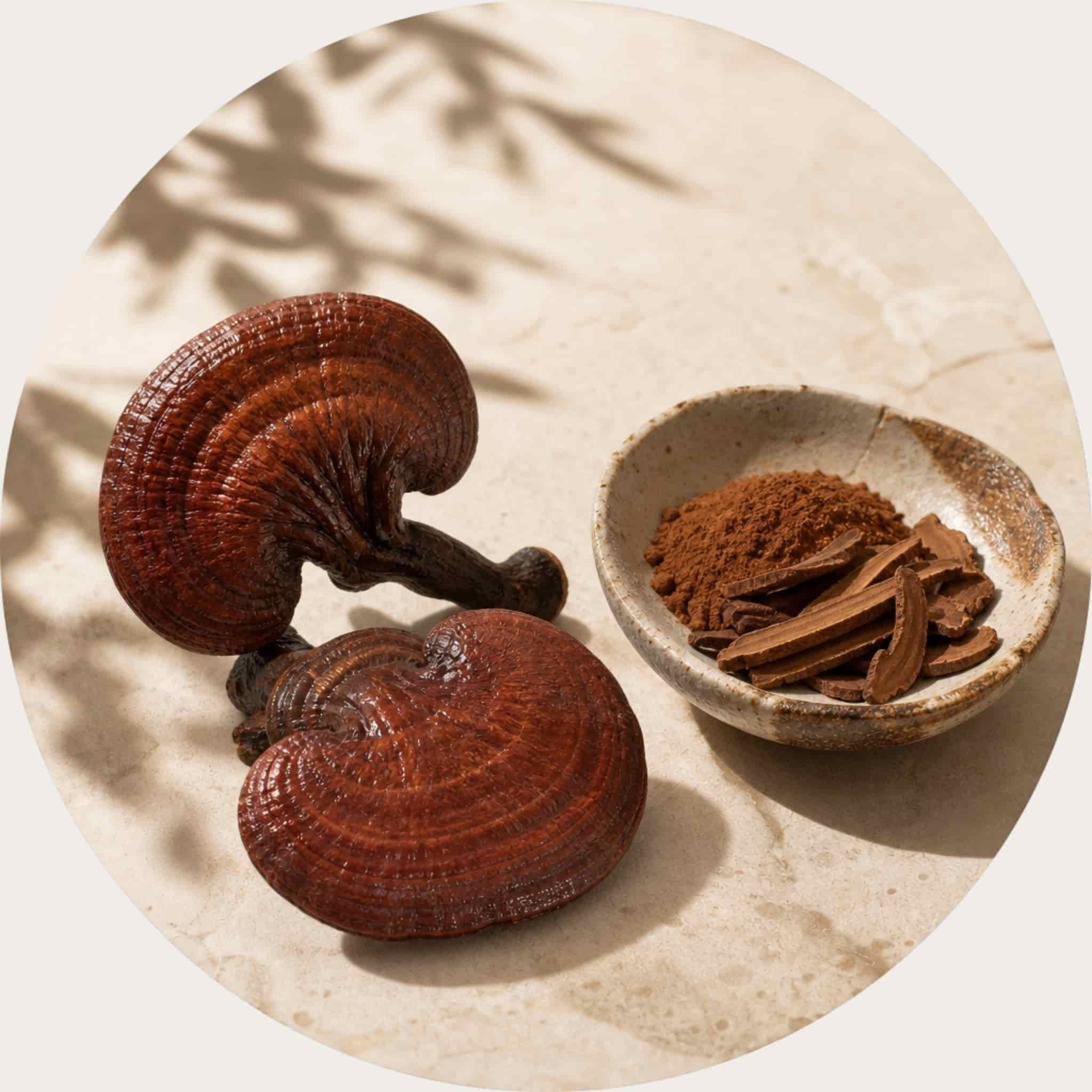 Premium dried Reishi mushroom with fine herbal powder in a rustic stone bowl, acting as a luxury body cleanser component to deliver botanical antioxidant support for calm, balanced skin.
