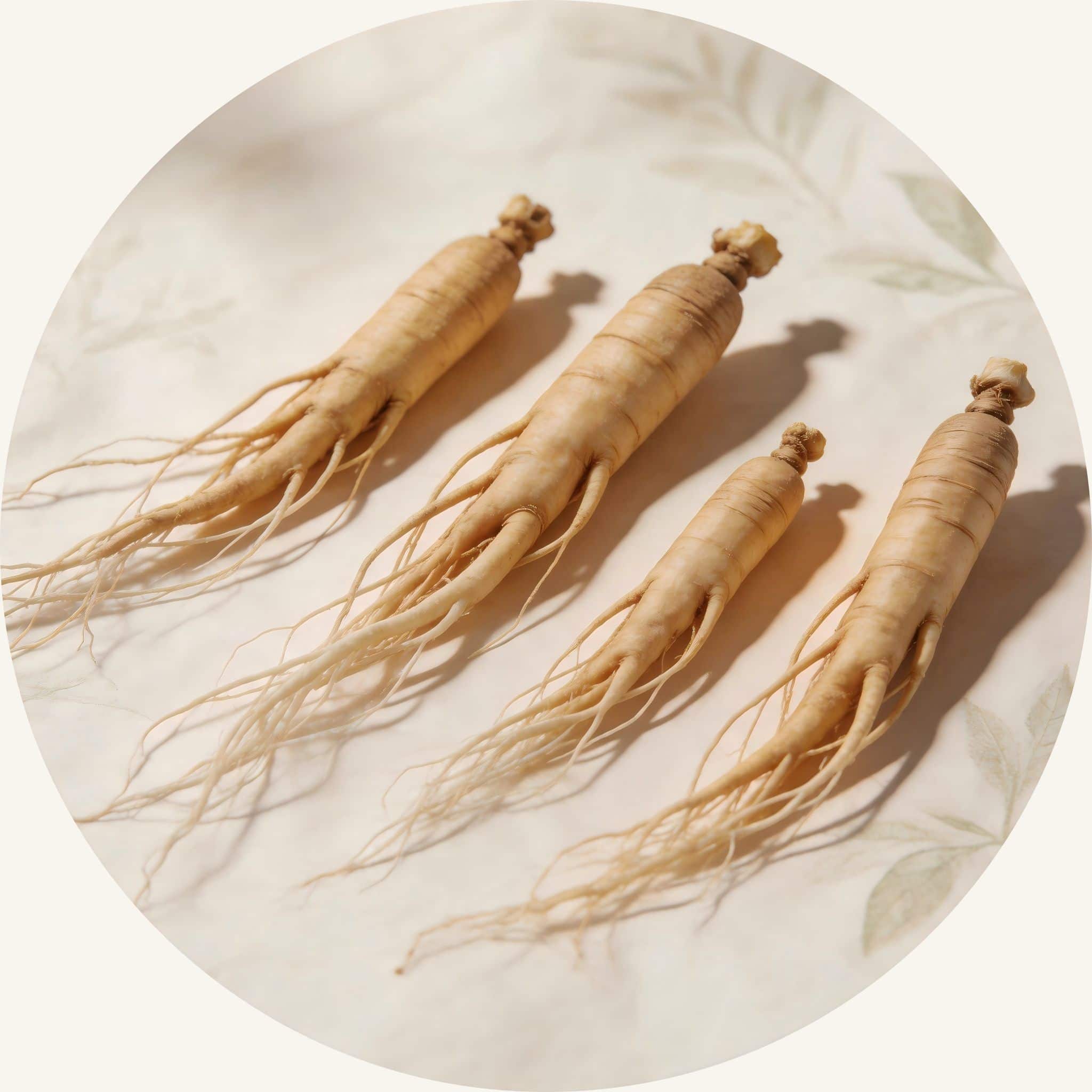 Premium whole ginseng roots with fine rootlets, a powerful botanical strand fortifier to reduce breakage and strengthen hair fibers.
