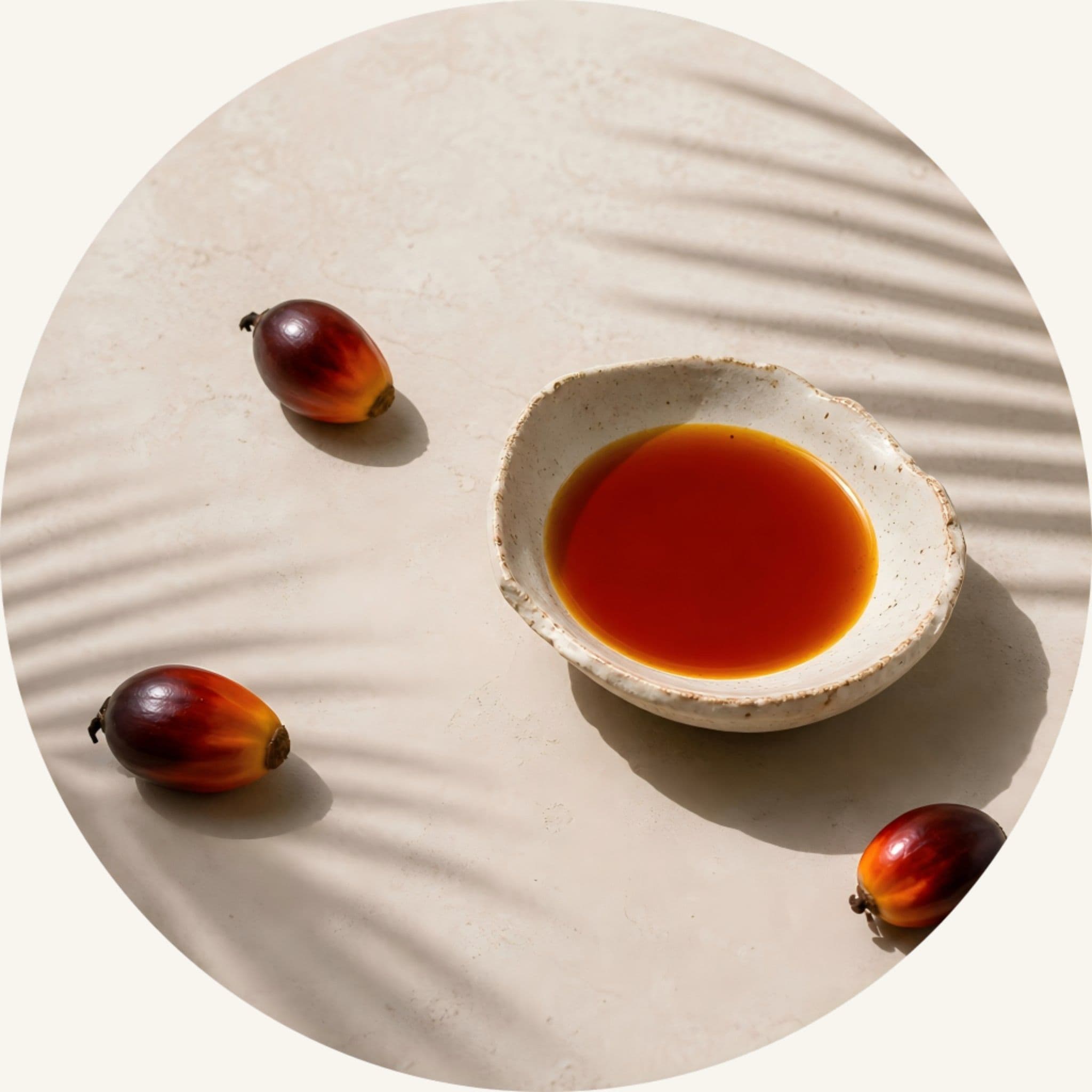 Pure Palm Oil in a small plate with organic palm fruits, serving as a plant-based base in our gentle cleansing soap to provide a rich, creamy lather and strengthen the skin barrier.