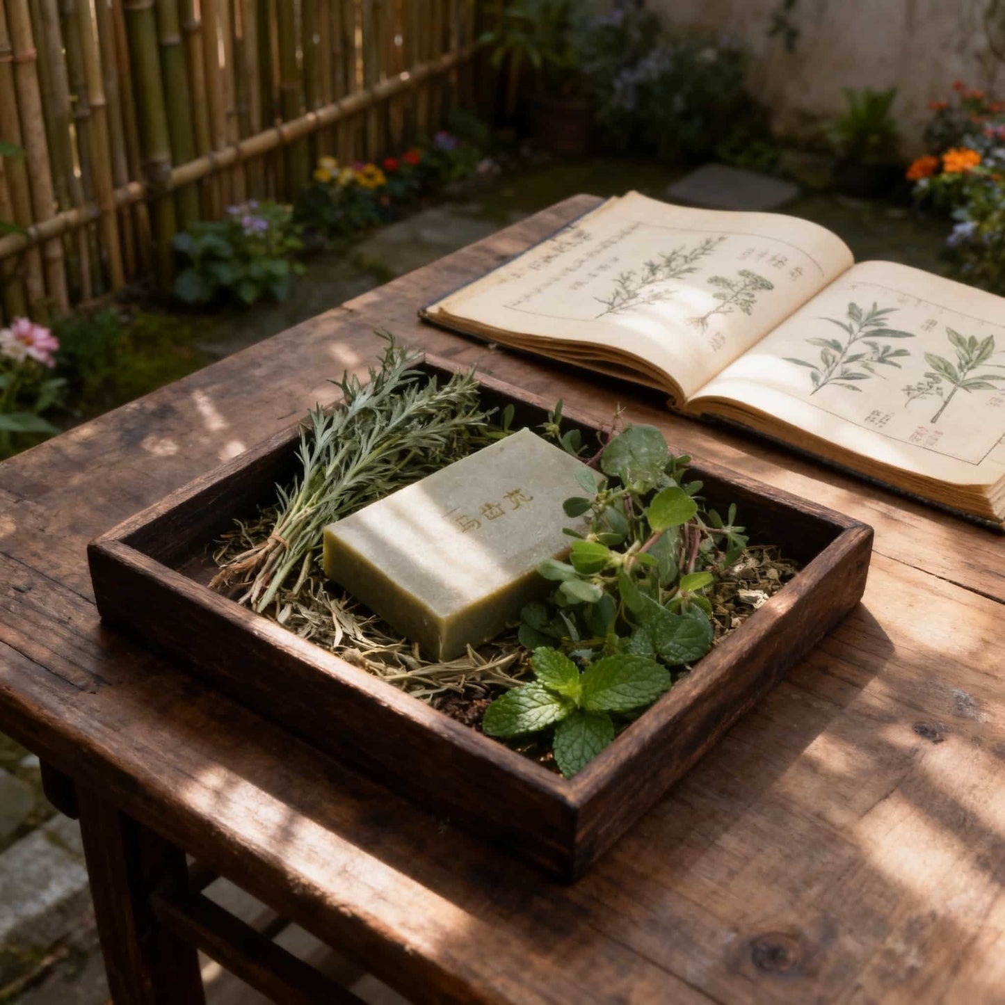 Purslane body bar in a wooden box with fresh herbs — handcrafted bar soap for sensitive skin
