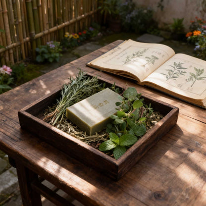 Purslane body bar in a wooden box with fresh herbs — handcrafted bar soap for sensitive skin