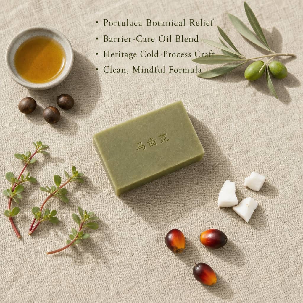 Purslane soothing body bar surrounded by fresh herbs — fragrance-free soap for sensitive skin