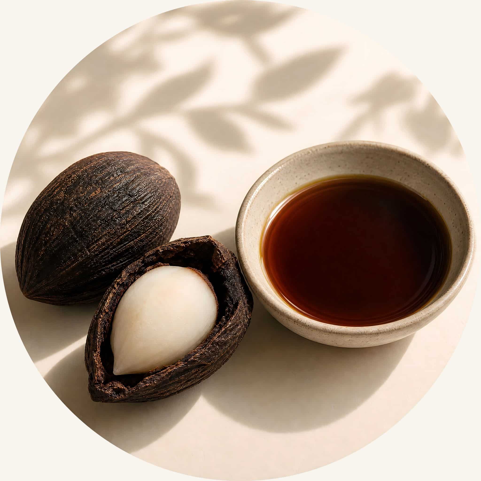 Raw Batana oil and nuts representing Amazonian repair butters, working within the 3R Botanical Restoration System to revive and fortify strands.